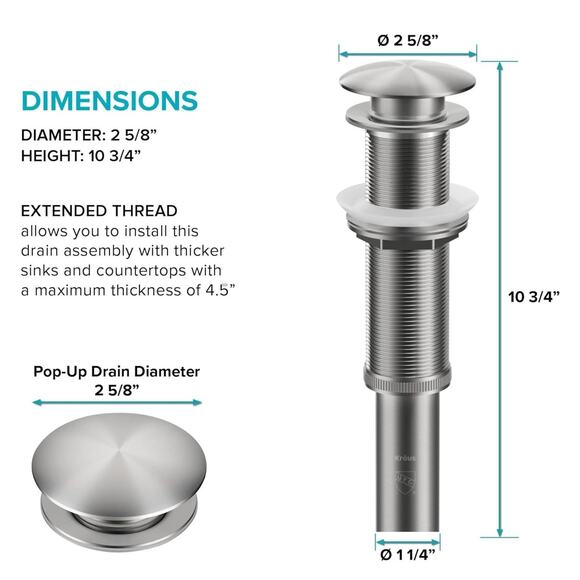 KRAUS PU-10SN Pop-Up Drain in Satin Nickel – Brass Construction, No Overflow - Picture 2 of 5